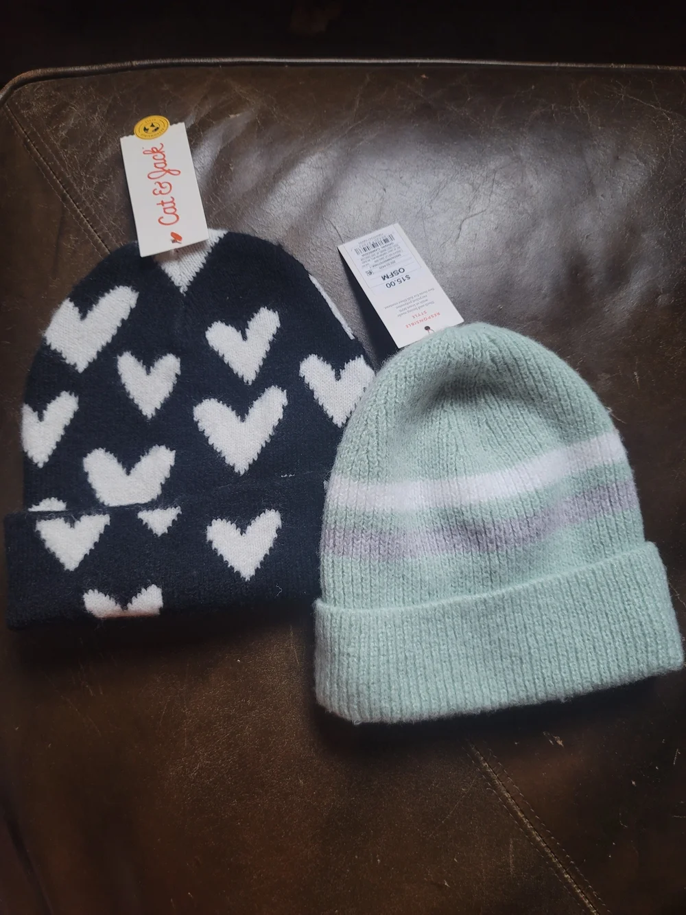 Cat & Jack Kids' Black & White Heart Beanie & Mint Stripe Knit Hat Set